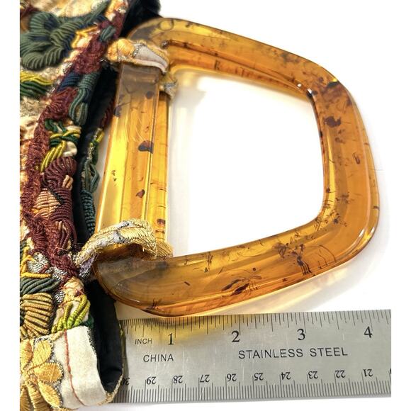 Vintage Guatemalan Embroidered Floral Handbag Lucite Handles 1960s Boho Purse - Picture 4 of 7